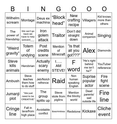 Minecraft movie Bingo Card