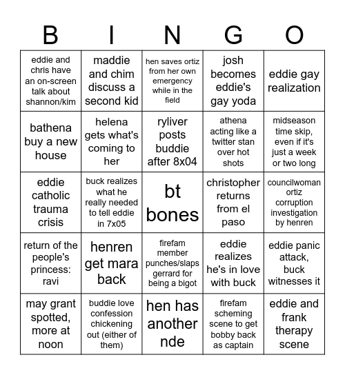 9-1-1 season 8 (I DID have this on my bingo card) Bingo Card