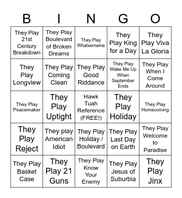 Green Day Concert Bingo Card