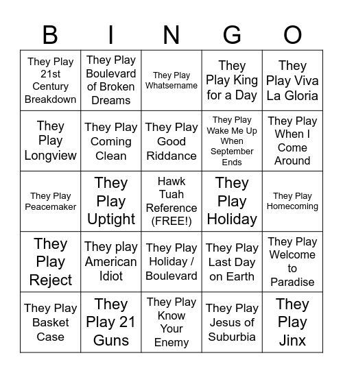 Green Day Concert Bingo Card