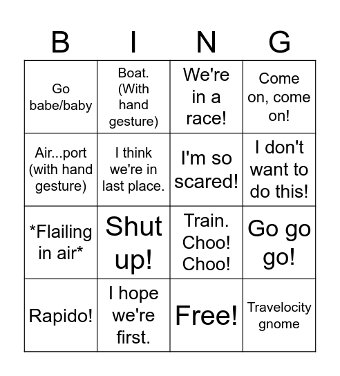 The Amazing Race Bingo Card