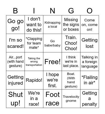 The Amazing Race Bingo Card