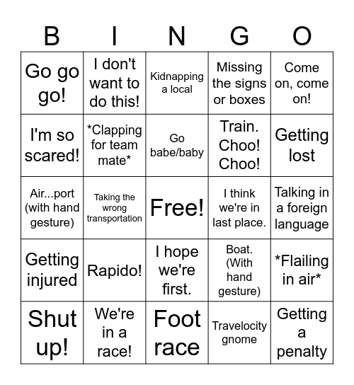 The Amazing Race Bingo Card