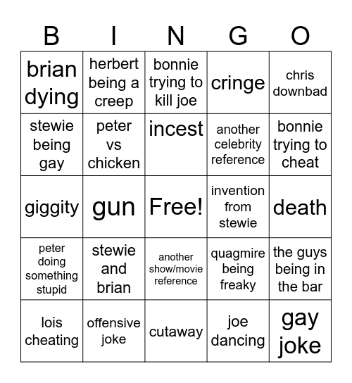 Family guy bingo Card