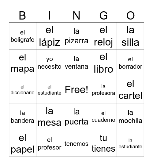El salón de clase Bingo Card