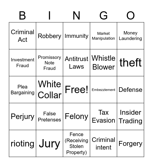 White Collar Crimes Bingo Card