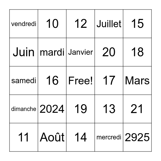 Quel Est la Date Bingo Card