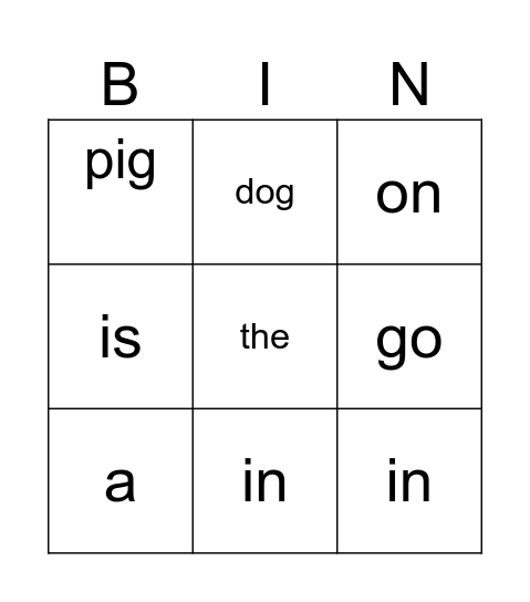 go on  the in is pig a dog  cat Bingo Card