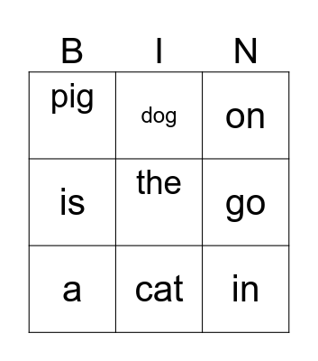 go on  the in is pig a dog  cat Bingo Card