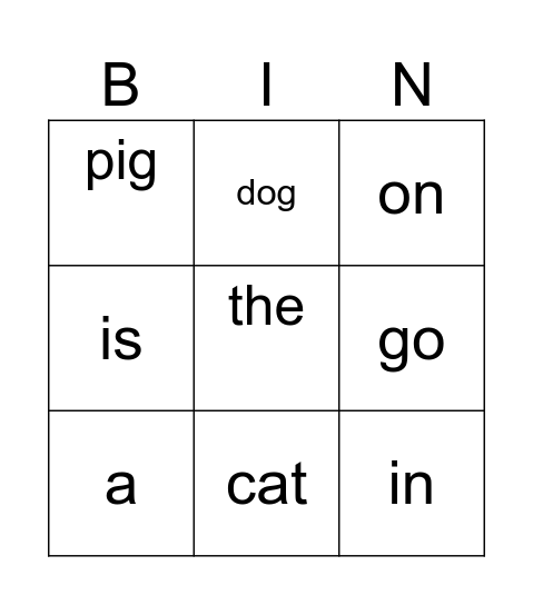 go on  the in is pig a dog  cat Bingo Card