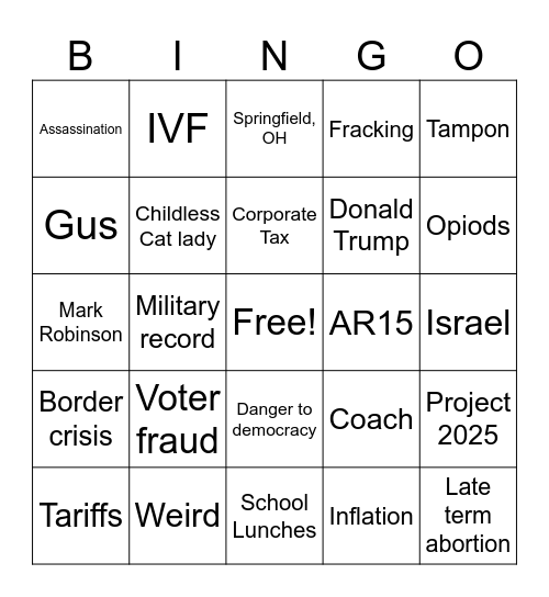 VP DEBATE BINGO CARS Bingo Card