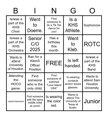 Welcome Klein5 Student Ambassadors Bingo Card