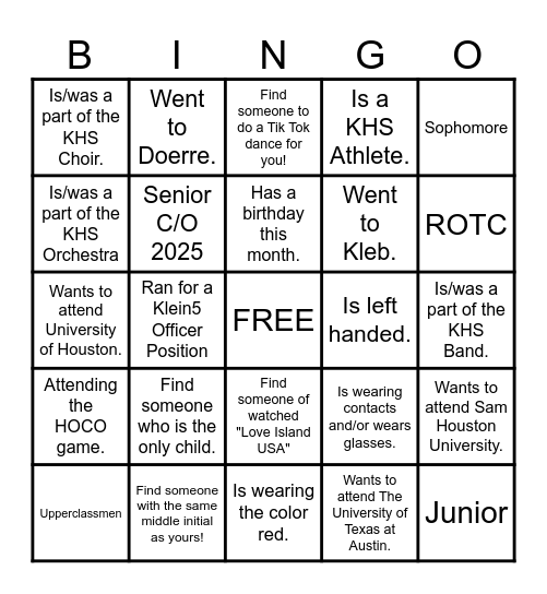 Welcome Klein5 Student Ambassadors Bingo Card