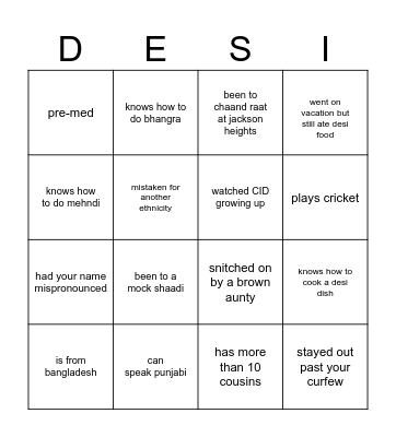 desi bingo Card