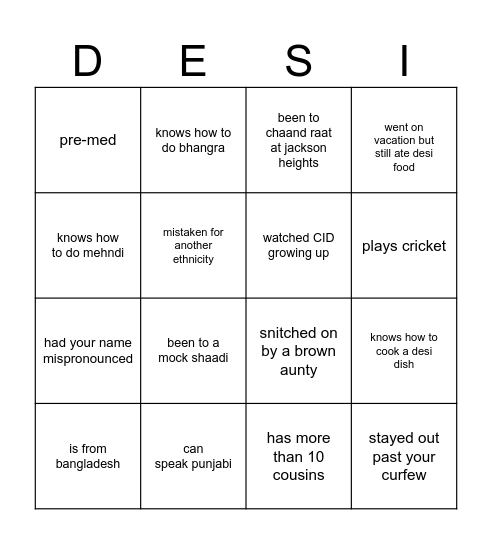 desi bingo Card