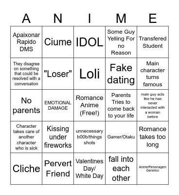 Romance Anime Bingo Card