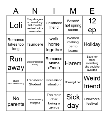 Romance Anime Bingo Card