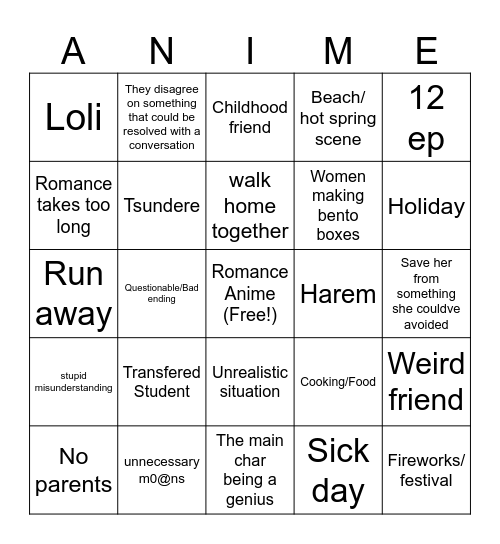 Romance Anime Bingo Card