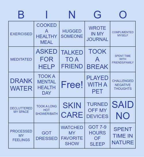 Self-Care BINGO Card