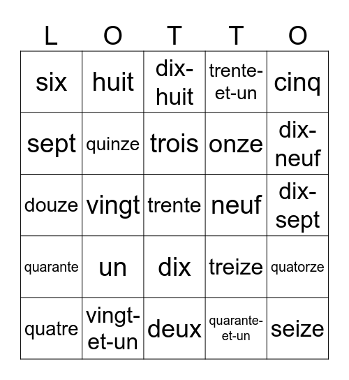 Les nombres 1-20 Bingo Card