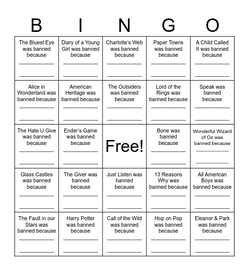 Banned Book Bingo Card