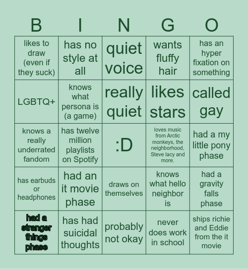 “quiet kid” bingo!! Bingo Card