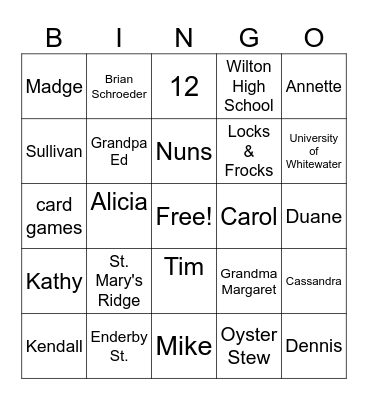 O'Rourke AUNTS/COUSINS Weekend Bingo Card