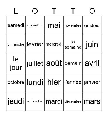 Les jours de la semaine et les mois de l'année Bingo Card