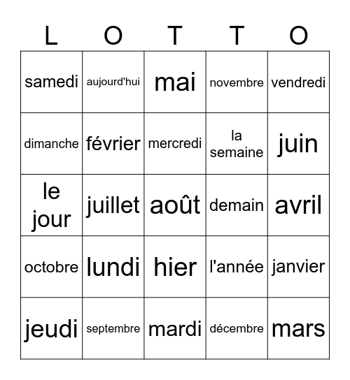 Les jours de la semaine et les mois de l'année Bingo Card