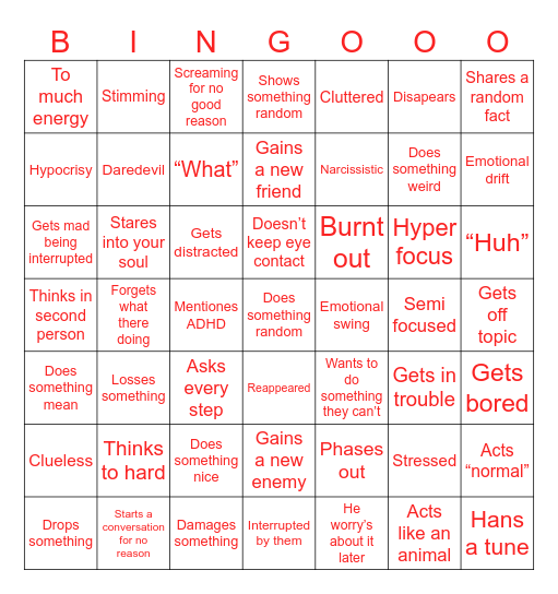 ADHD Bingo Card