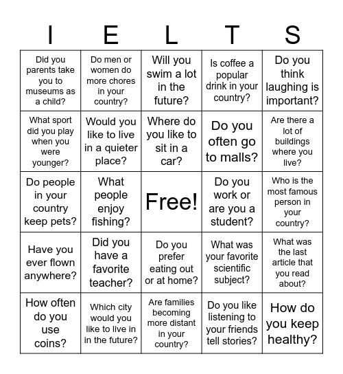 IELTS Speaking Part One: Bingo! Bingo Card