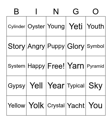 "Y" sounds Bingo Card
