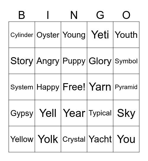 "Y" sounds Bingo Card