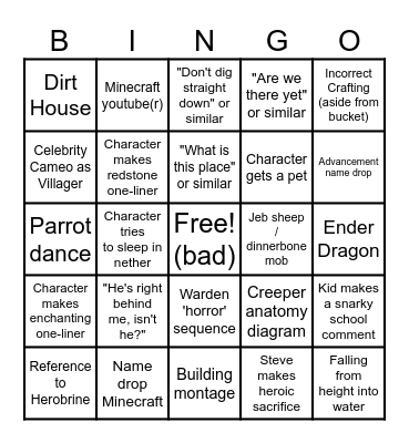 Minecraft Movie Bingo Card