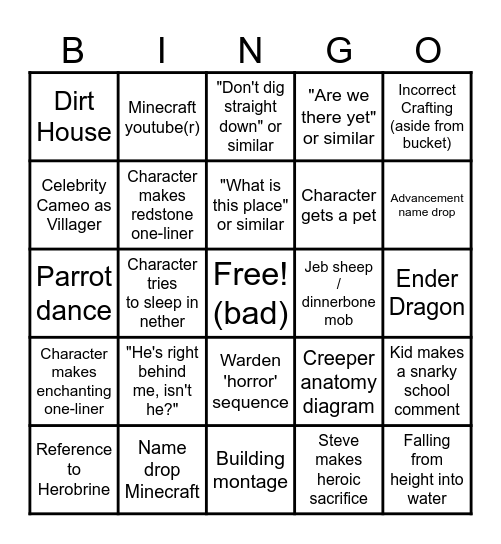 Minecraft Movie Bingo Card