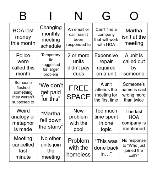 HOA Meeting Bingo Card