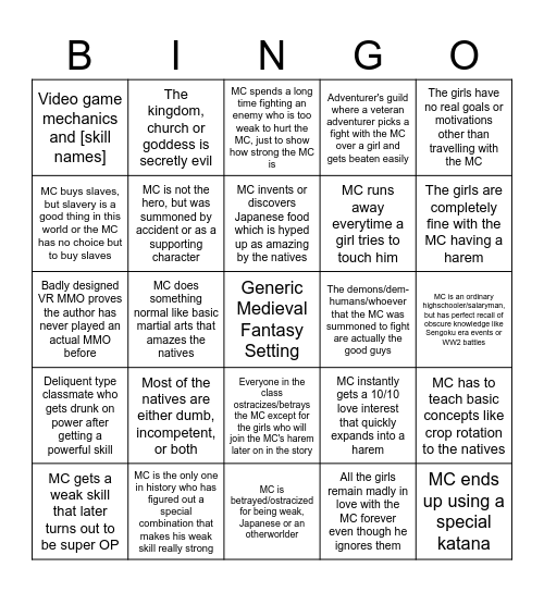 Isekai Bingo Card