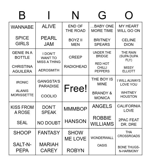 90'S HITS MUSIC BINGO Card