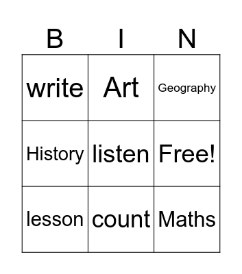 school Bingo Card