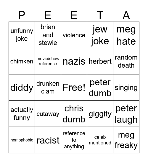 Family Guy Bingo Card