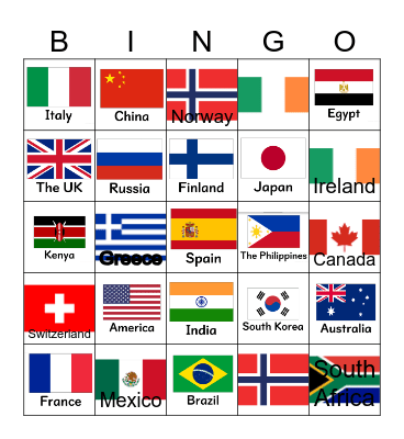 Countries Bingo Card