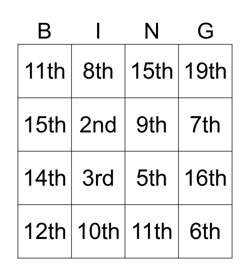 Ordinal Numbers Bingo Card