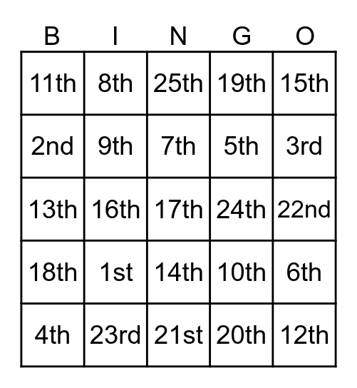 Ordinal Numbers Bingo Card