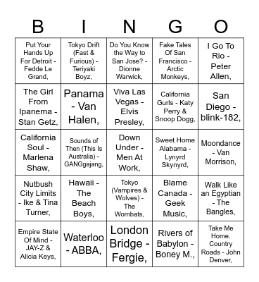 PLACES Bingo Card