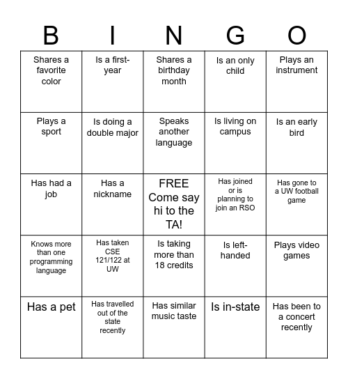 CSE 123 Section Bingo! Bingo Card