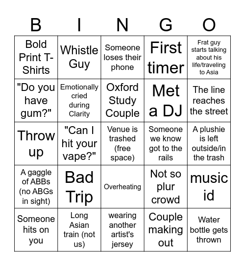 Zedd night Bingo Card