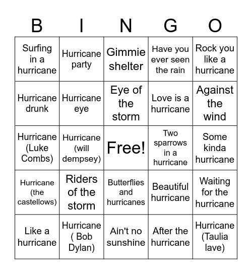 Hurricane Bingo Card