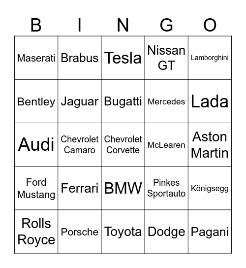 Sportscar Bingo Card