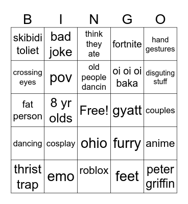 cringe Bingo Card