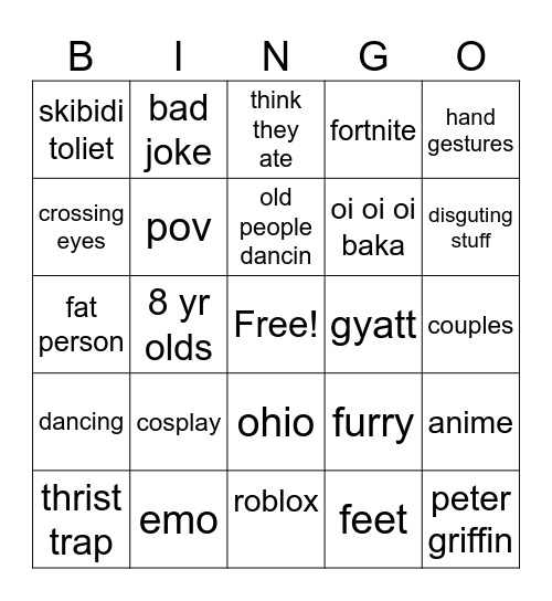 cringe Bingo Card